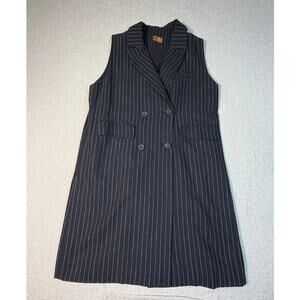 POL Women Large Black Pinstriped Sleeveless Wool Blend Lined Collared Dress Midi